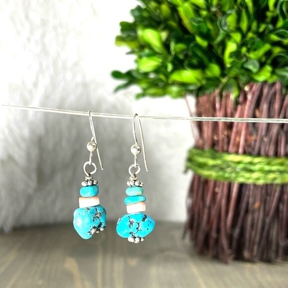 Boho Raw Stacked Turquoise Drop Earrings - Picture 2 of 8